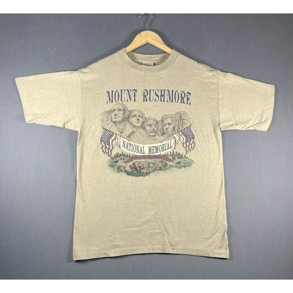 Vintage Mount Rushmore National Memorial Shirt Mens Large Beige 90s Made In USA